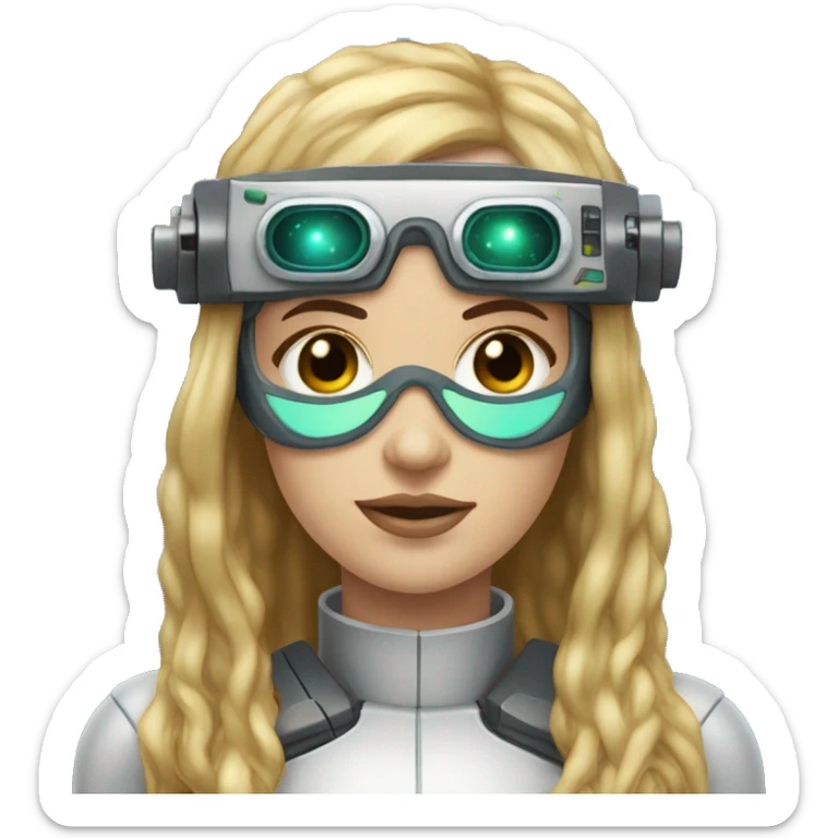 female cyborg head, fair skin, Brown long hair with blonde steaks, space age goggles and circuits sticker
