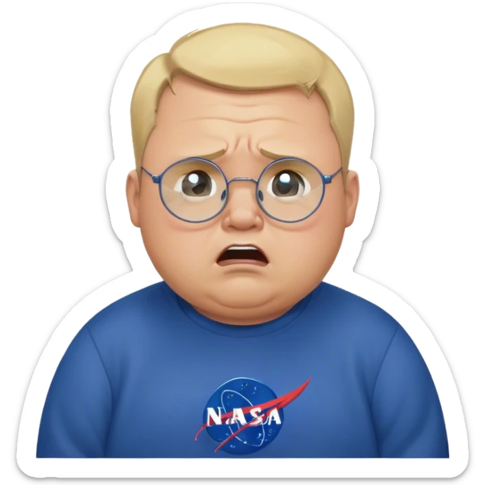 angry chubby man, crying like a kid,  blond short and hight receding hairline, wearing a dark blue sweatshirt, nasa logo on the sweatshirt, round glasses without frame, 40 years old sticker