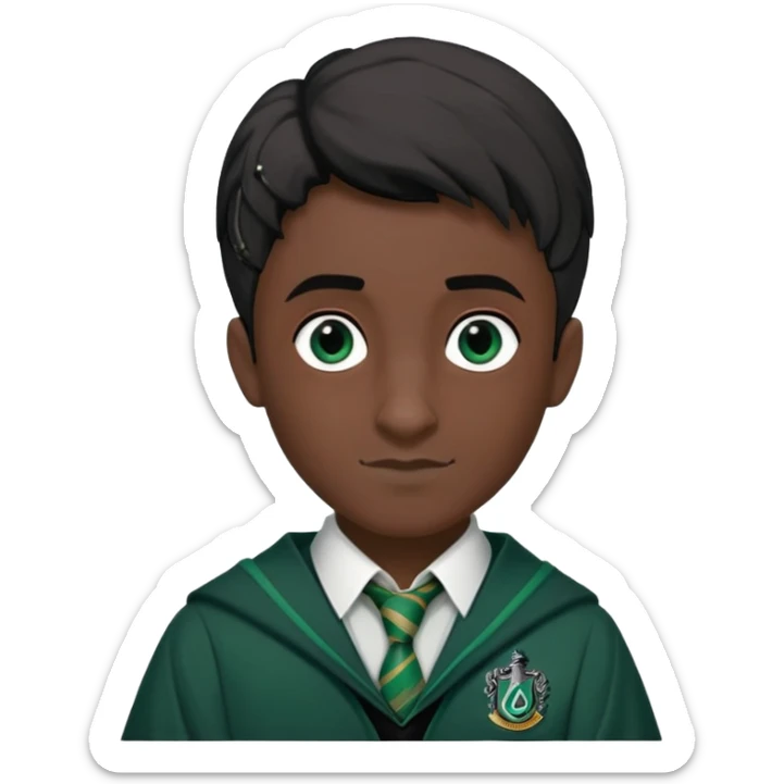 louis cordice is Blaise Zabini in harry potter, wear hogwarts slytherin uniform, Induction Cut hair, black skin, long thin face sticker