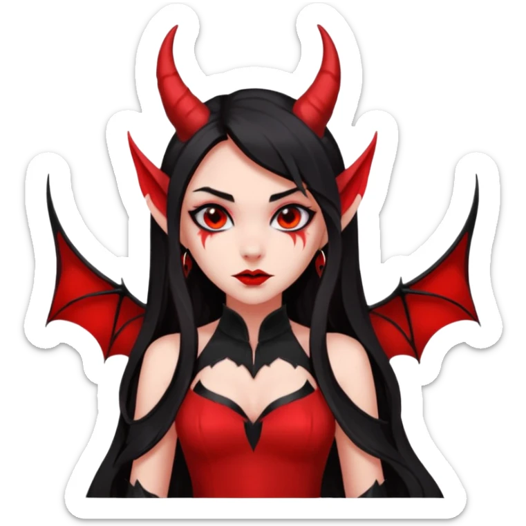 demon girl, skin red , black long hair, small horns, pointed ears, bat wing, black open-back dress, bold black outlines, red+black palette sticker