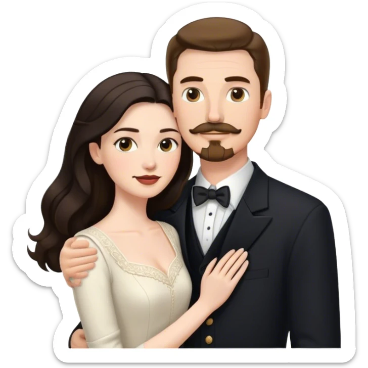 married couple portrait, tall white man with brown hair goatee mustache embracing a pale woman with long black hair, wearing formal clothing sticker