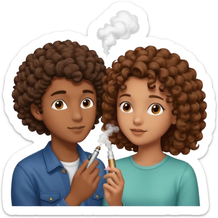 teenage couple, boy with brown skin vaping a brown puff, girl with brown curly hair, both gazing at each other lovingly sticker