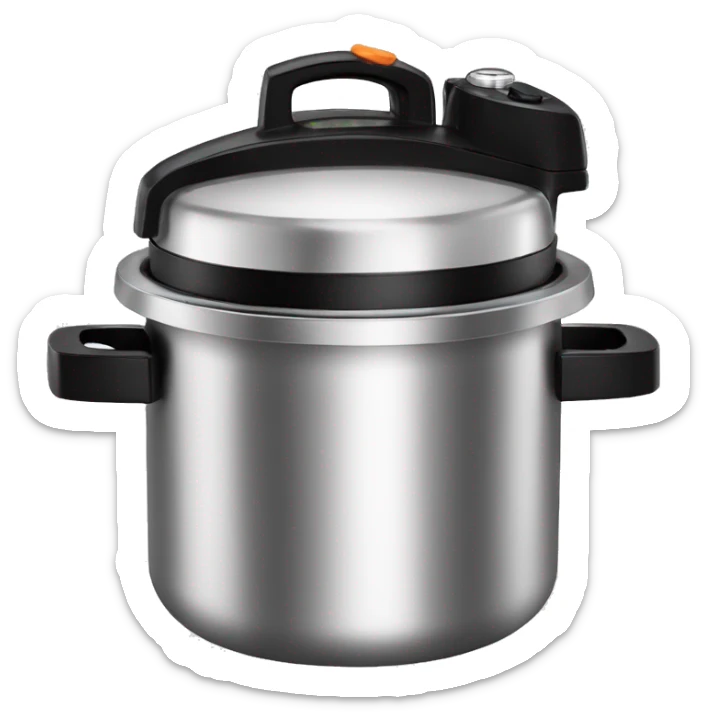 Stainless steel pressure cooker, with black gights, 3 black clamps on the cover,  on the knob sticker