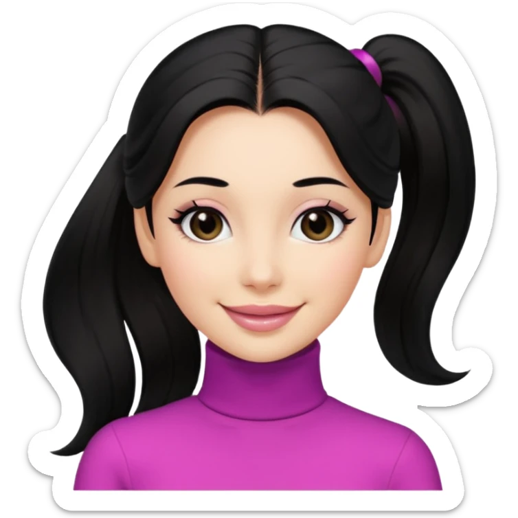 a woman with long sleeve turtle neck top and smile, her hair is long black pony tail, her eyes color are black and the color of her lip is soft pink sticker