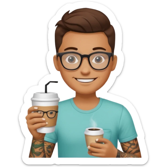 gözlük takan, dövmeli ve elinde kahve tutan, yaz kıyafetli insan. sticker
