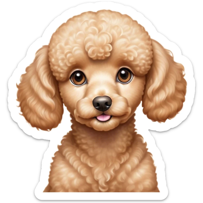 Cinematic Cute Apricot Poodle Portrait Emoji, Head tilted playfully and inquisitively, showcasing a bouncy, curly apricot Fur with a luminous sheen, round, sparkling warm eyes filled with curiosity, Simplified yet irresistibly adorable features, highly detailed, glowing with a warm, friendly glow, high shine, affectionate and lively, stylized with a touch of whimsy, bright and endearing, soft glowing outline, capturing the essence of a mischievous yet loving companion, so playful it feels like it could bounce out of the screen and into your arms! sticker