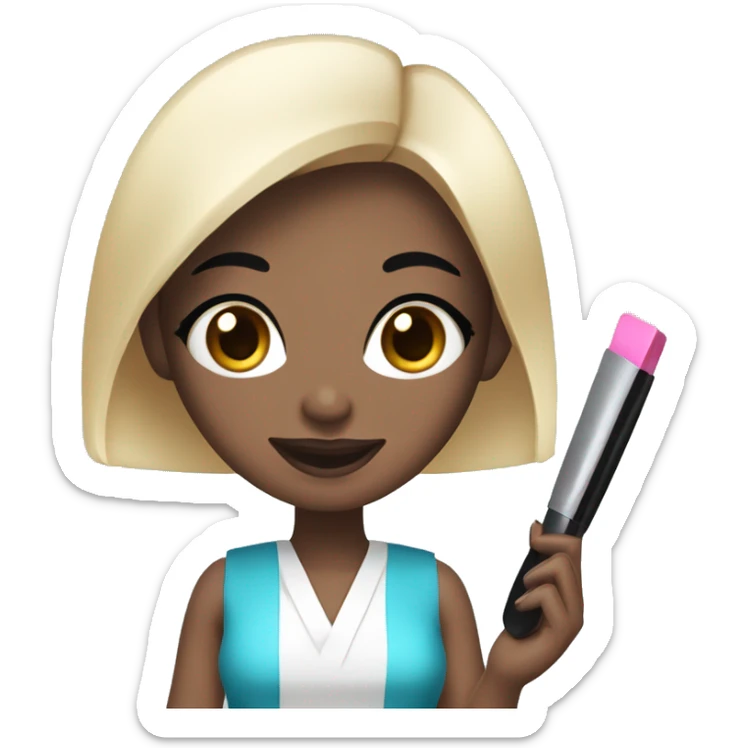 manicure master with square black hair girl with white skin and blue eyes holding a nail file and nail polish sticker