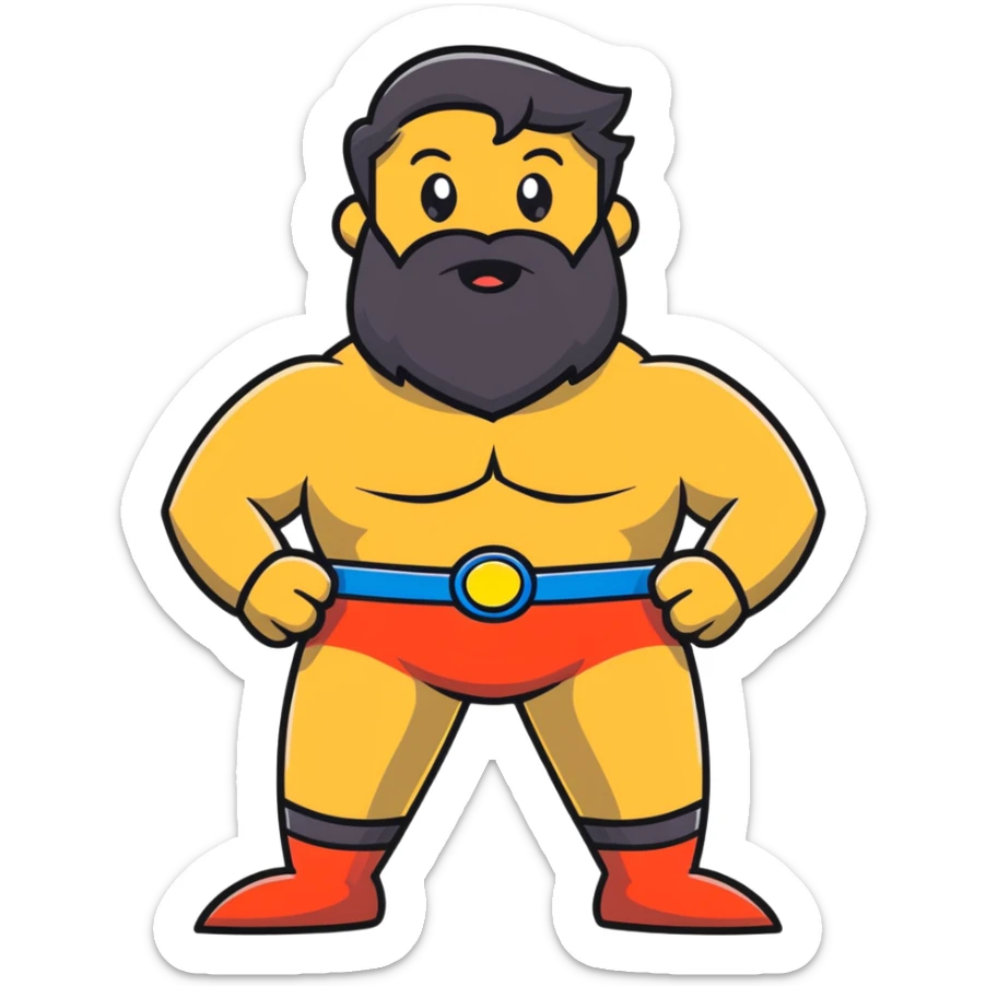 silly superhero with giant beard wearing underwear outside costume, goofy expression sticker