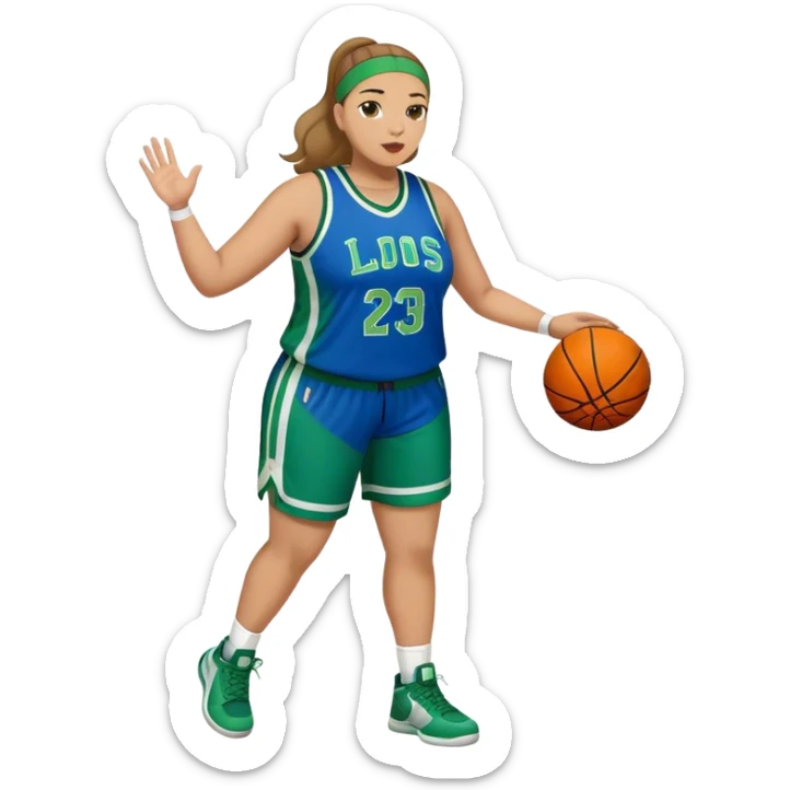 Full Body light skin Latino plus size women basketball player wearing blue and green uniform sticker