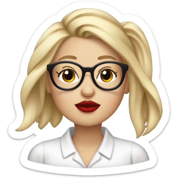 White girl, blonde hair, eyes closed, red lipstick,  wearing glasses kisses Yorkshire terrier  sticker