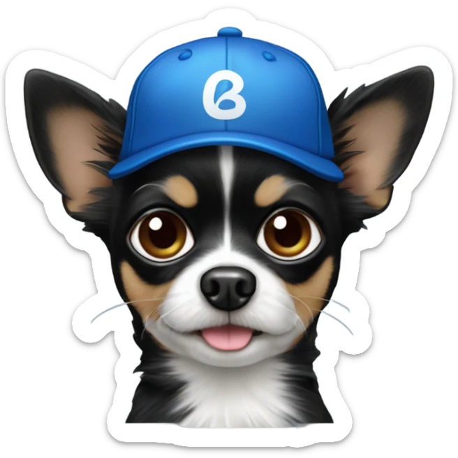 Old man with blue eyes goatee beard ball cap holds cute black long fur Chihuahua sticker