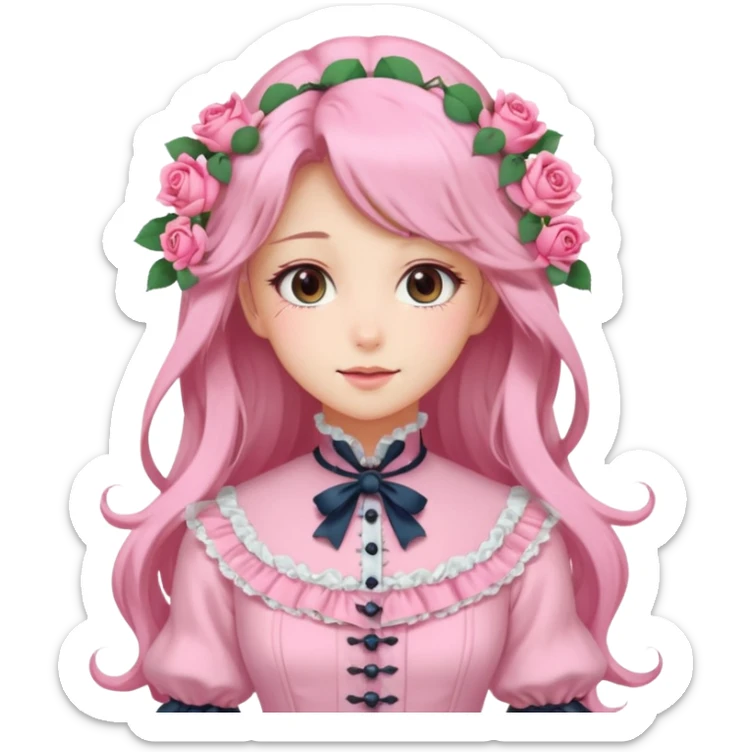 Gorgeous pastel anime lady with long hair and pink victorian style clothes and roses sticker