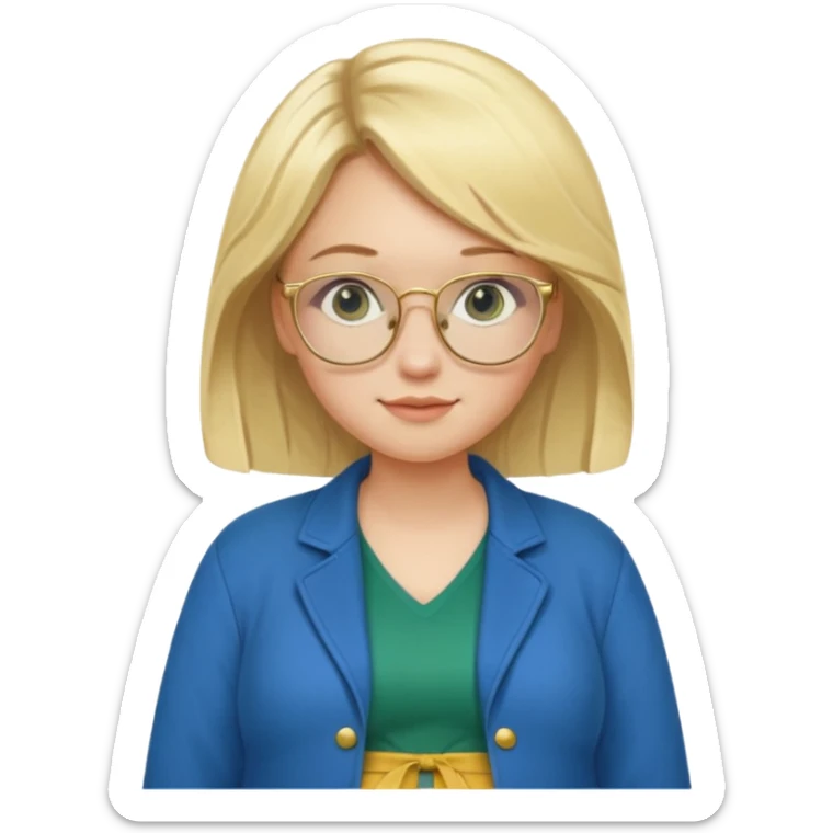 pregnant blonde 18-year old with golden glasses in a bright blue dress and a dark green jacket on top of the blue dress standing sassily sticker