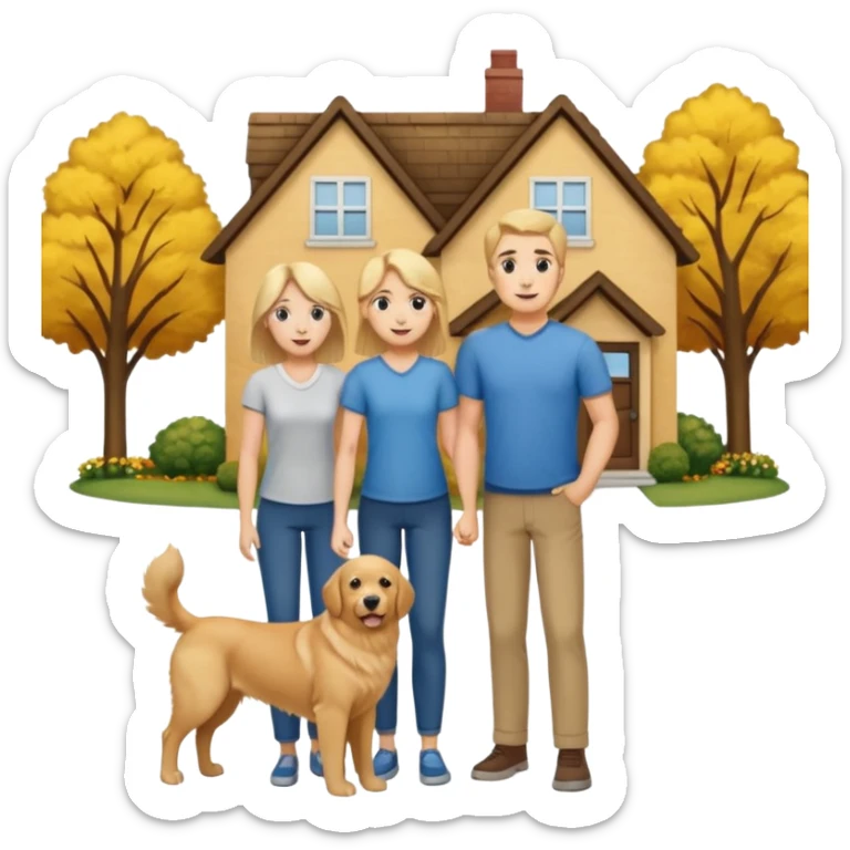 a mom and dad standing in front of a house with their son and a dog next to them (1 dog) and 1 SON not daughter sticker