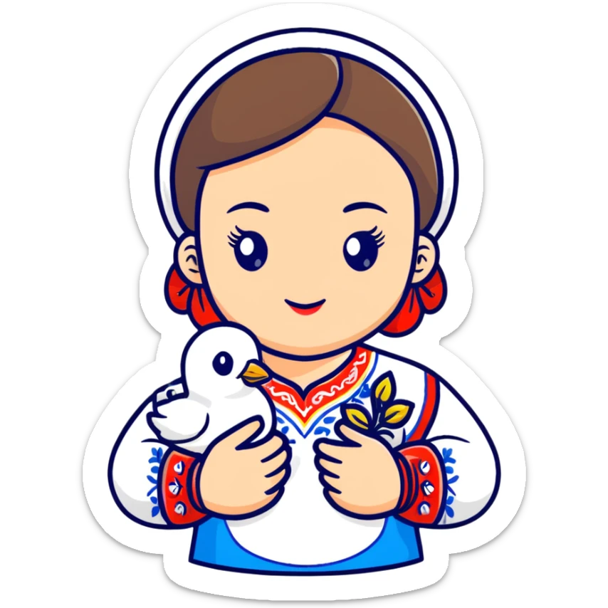 Ukrainian girl wearing a traditional embroidered vyshyvanka shirt with a white dove of peace next to her sticker
