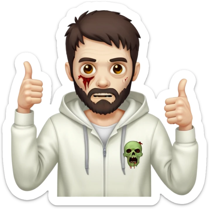 zombie with thumbs up gesture wearing white hoodie, with dark brown hair and short full beard sticker