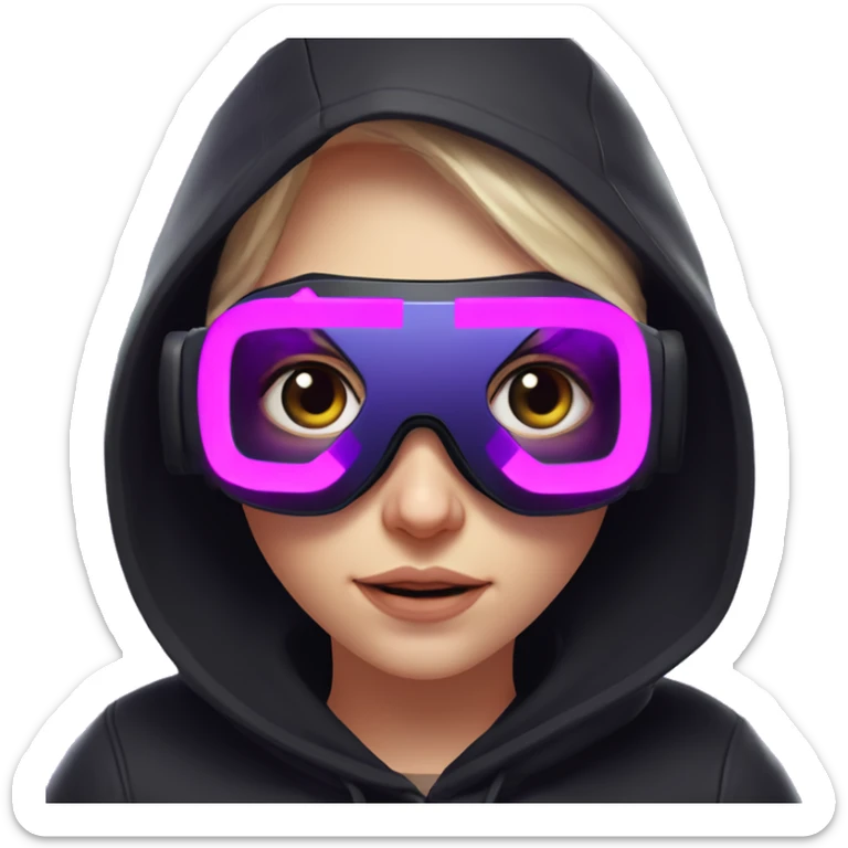 Russian girl wearing black hoody with violet letters "OMG", in vr headset oculus quest2. No eyes on headset. Cyberpunk style. Violet neon. sticker