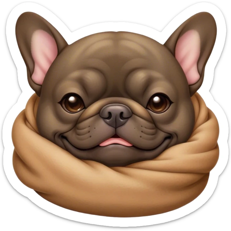 Cinematic Meme-Worthy Chubby Sleeping Brindle French Bulldog Portrait Emoji, Head resting peacefully with a contented smile, showcasing a delightfully chubby build and a luxuriously soft brindle coat with subtle fawn highlights, eyes shut in a serene nap, Simplified yet hilariously adorable features, highly detailed, glowing with a soft, drowsy light, high shine, relaxed and utterly lovable, stylized with an air of playful laziness, bright and heartwarming, soft glowing outline, capturing the essence of a comically sleepy companion, so meme-worthy it feels like it could instantly become the next viral sensation of adorable slumber! sticker