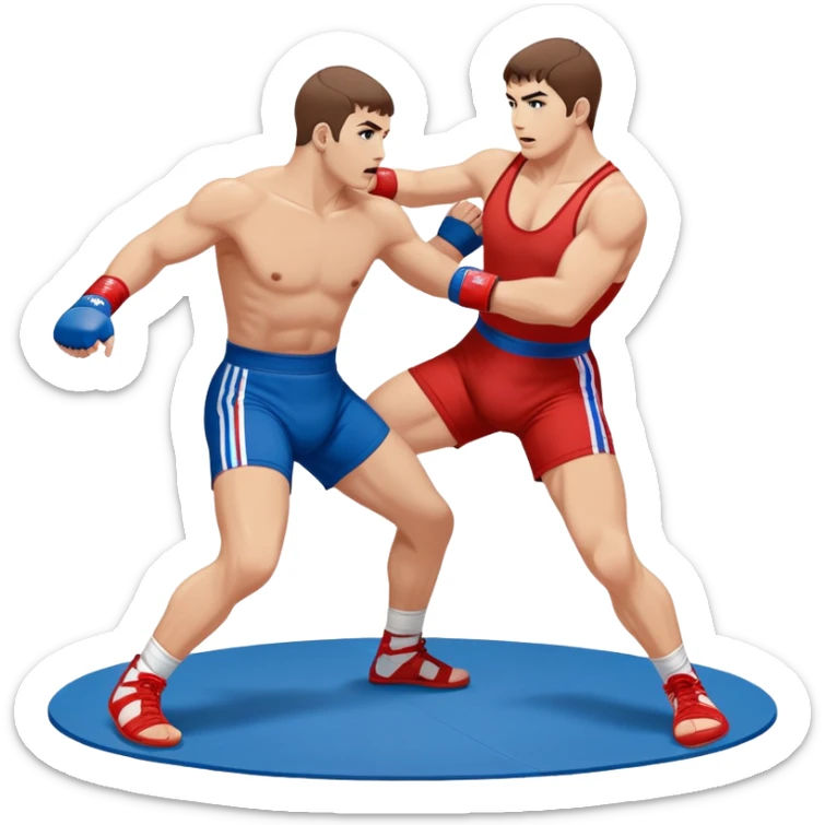 Two Sambo fighters in blue and red gis with shorts and wrestling shoes, executing gripping and throwing techniques. The fighters are engaged in a dynamic, action-packed moment with no strikes. The background features a wrestling mat, focusing on the technique and control. Transparent background  sticker