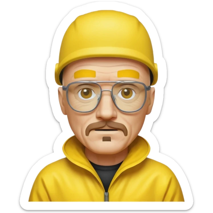 Walter White in iPhone emoji style, wearing his iconic glasses and a yellow hazmat suit sticker