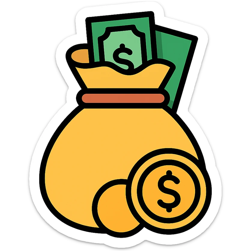 colored icon of a money bag with coins and banknotes peeking out sticker