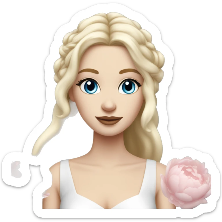 White bride with long light blonde hair and blue eyes with light pink peonies in hair white skin  sticker