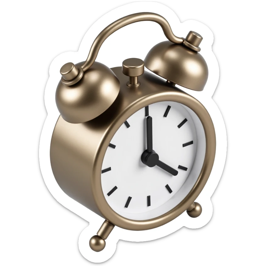 a realistic metallic alarm clock, skeuomorphism style sticker