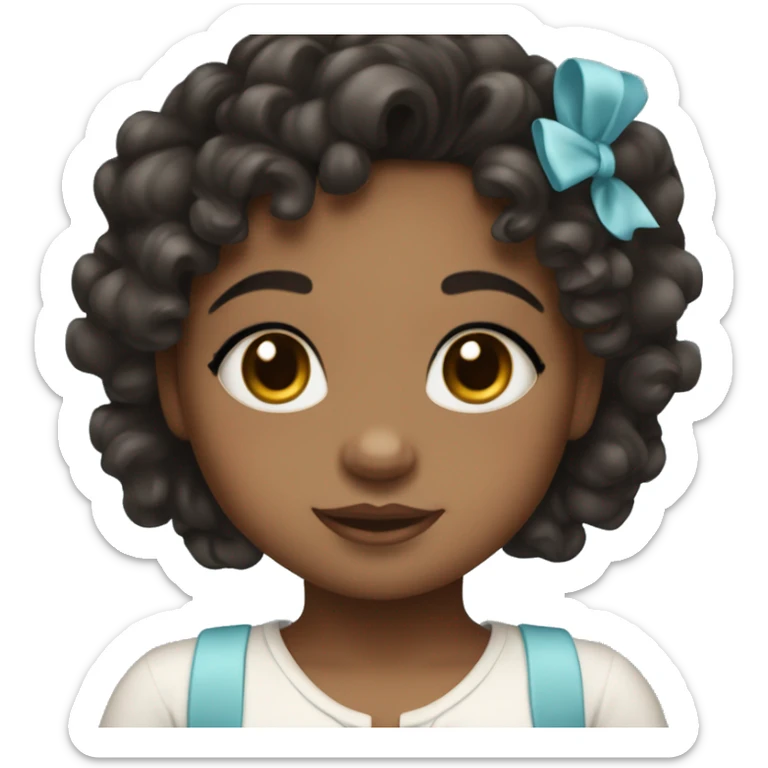 A brow skin little girl with black curly wavyish hair and a baby blue bow sticker