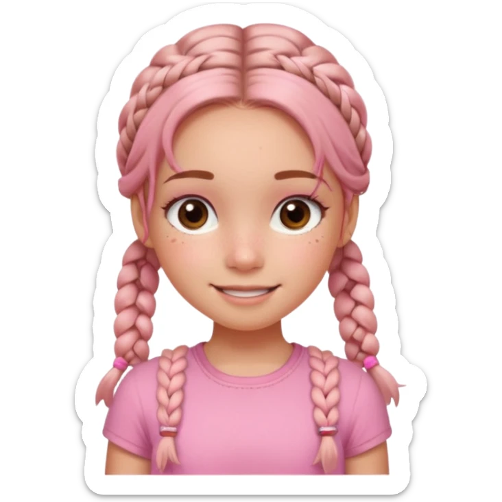 A girl whit freckles and two braids and a cute blush and a cute smile and face whit lashes and a pink top and a short skirt sticker