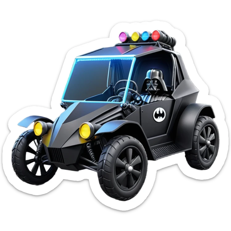 Mad max survival apocalypse ghostly sporty Darth Vader’s Batman-armored 1876 black graphite colored school buggy with horizontal holographic 3d stars painted on the body sides and neon under glow  sticker