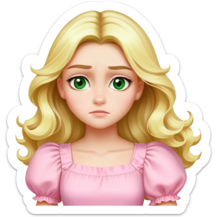 Create an emoji-style illustration of a blonde girl with long wavy hair, green eyes, and a pink pastel puff-sleeve dress, matching the Apple emoji style of the reference image. Keep her facial features, hairstyle, and outfit identical. Generate a joyful expression. sticker