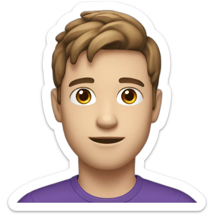 young french man, hand up, brown short hair, purple t-shirt, white skin, head large sticker