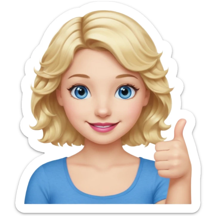 Girl Blonde short wavy hair,  blue eyes, cute blue top, long lashes, pink lips, smiling, thumbs up sticker