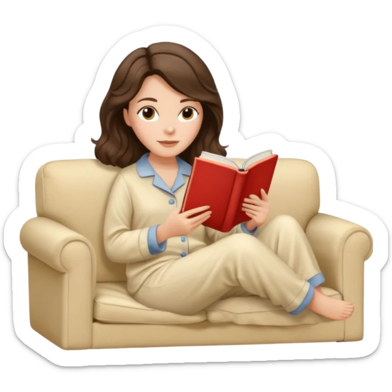 Woman with brunette hair reading on sofa. Soft wavy hair. Beige ivory pyjamas  sticker