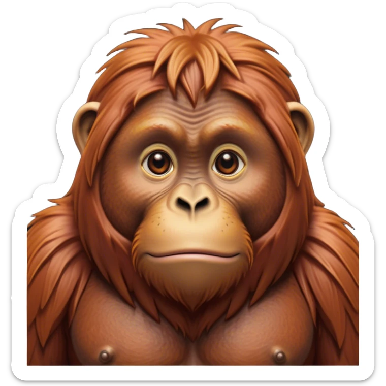 Cinematic Noble Orangutan Portrait Emoji, Poised and regal, with a robust, thoughtful build and deep, soulful eyes framed by rich, textured fur, Simplified yet sharp and sophisticated features, highly detailed, glowing with a soft, earthy glow, high shine, intelligent and contemplative, stylized with an air of ancient wisdom, focused and commanding, soft glowing outline, capturing the essence of a watchful and confident guardian that appears ready to step out of the screen with timeless authority! sticker