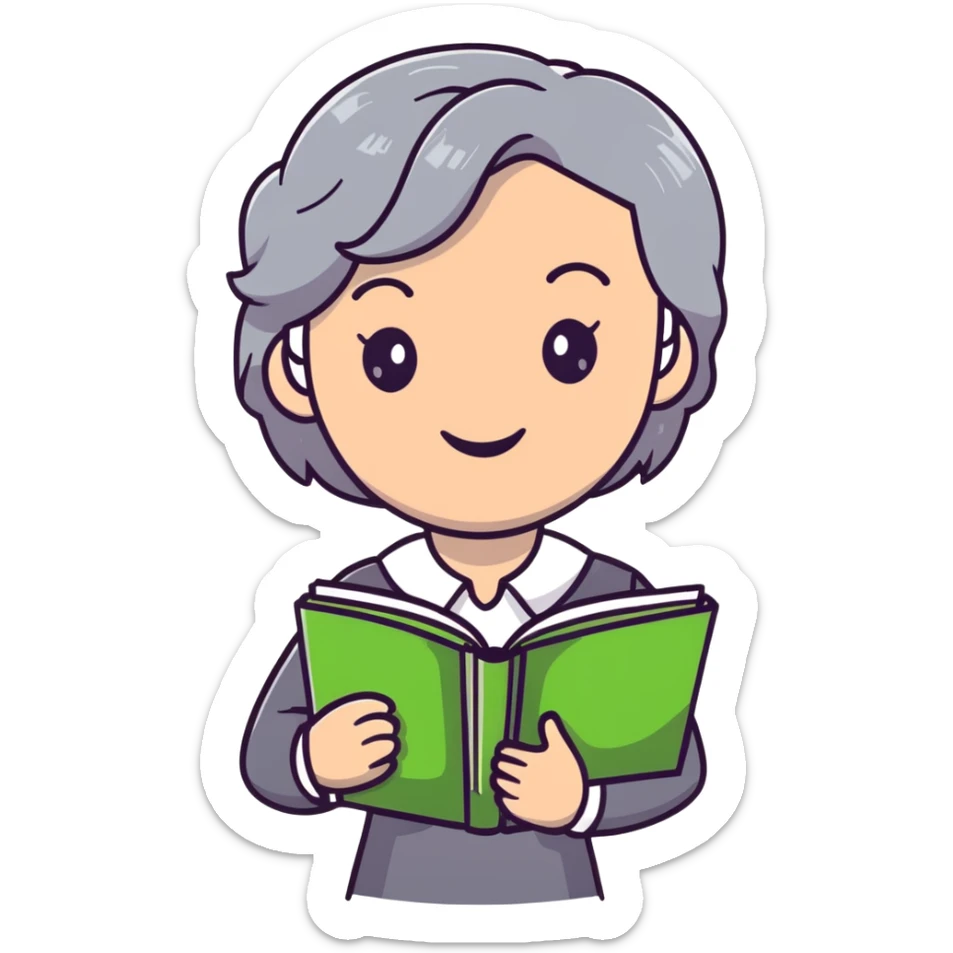 smiling English teacher with airtouch hair and grey-green eyes holding books and teaching materials sticker