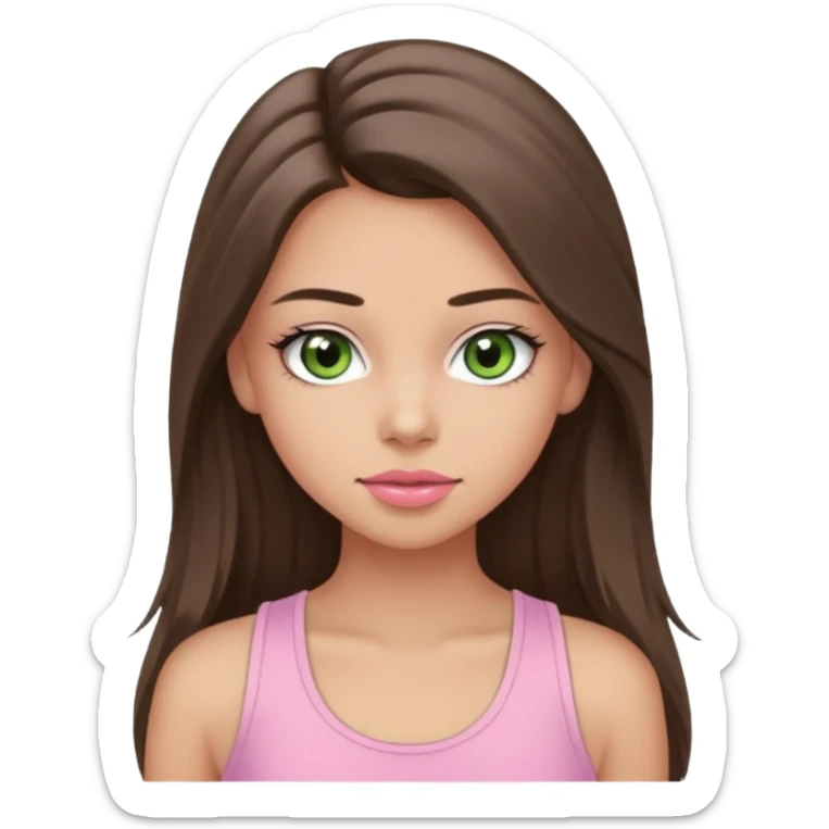 Create a teen girl wearing a light pink tank top. She will have long brunette hair, tan skin, pink lips, and grey-green eyes. She has long eyelashes. sticker