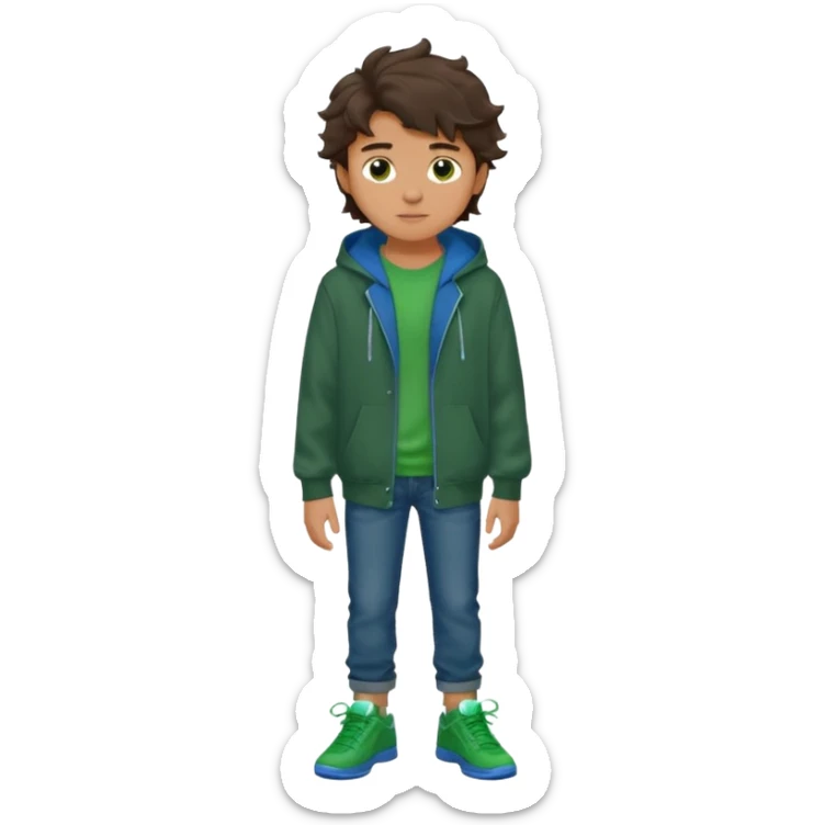 a 14 year old slightly tanned teenage boy with dark brown tousled wavy hair, wearing a green tshirt, with a dark green hoodie overcoat with blue jeans and green shoes sticker
