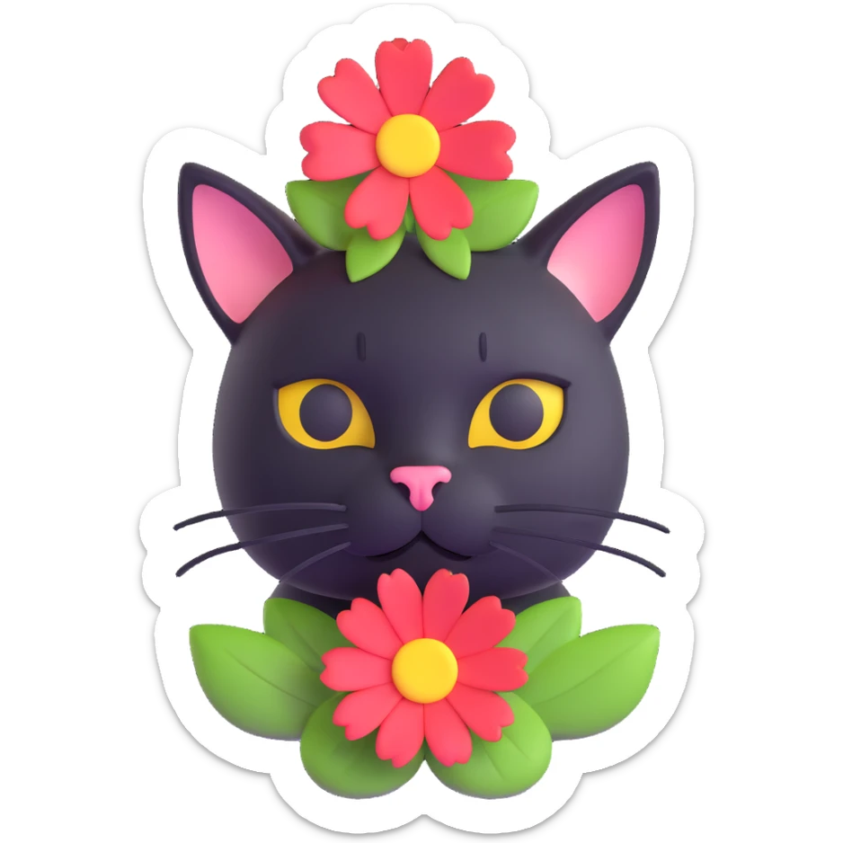 A black cat with a flower on its head in a field of flowers, close-up sticker