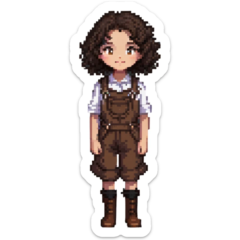 white girl with dark brown curly hair, brown eyes, wearing farm clothes sticker