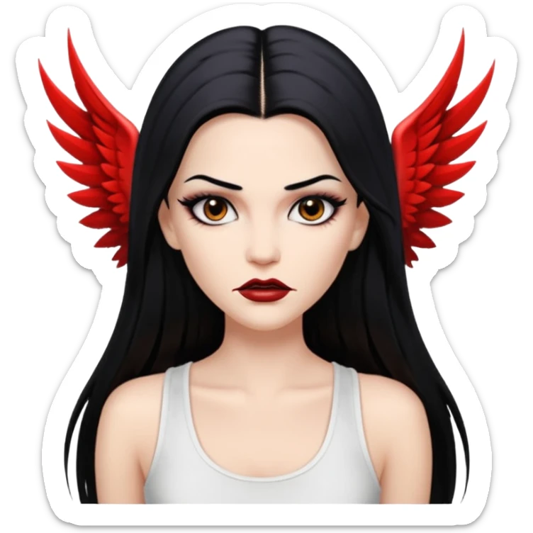 White woman with a white tank top long black hair glossy middle part straight long hair vamp look with fangs brown eyes eyeliner winged with lashes top and bottom white border big lips black eyebrows sticker