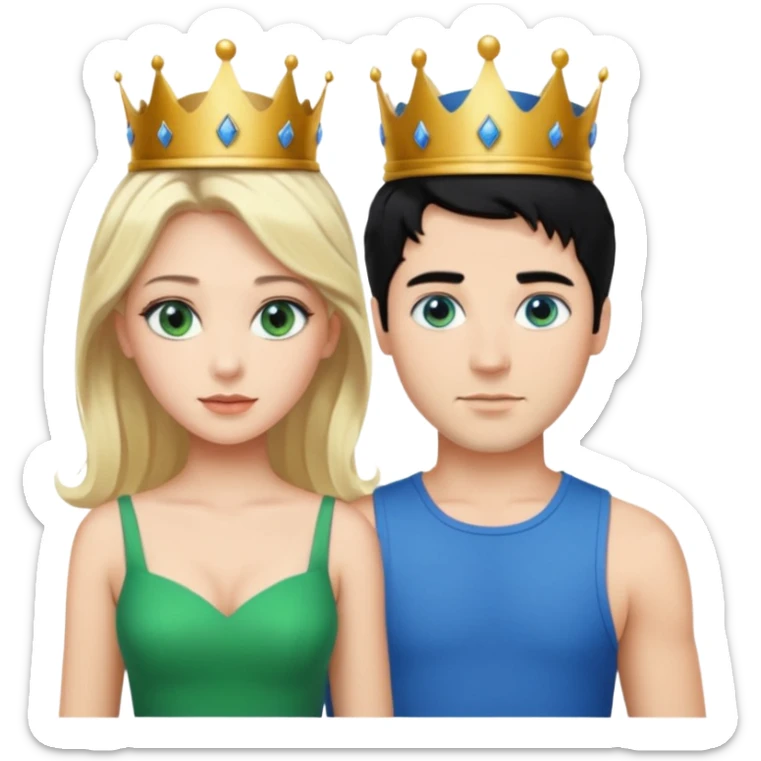Prince with crown, black hair, body, legst, blue eyes, woman blonde hair, green eyes, sexy white short sleveless dress,  sticker