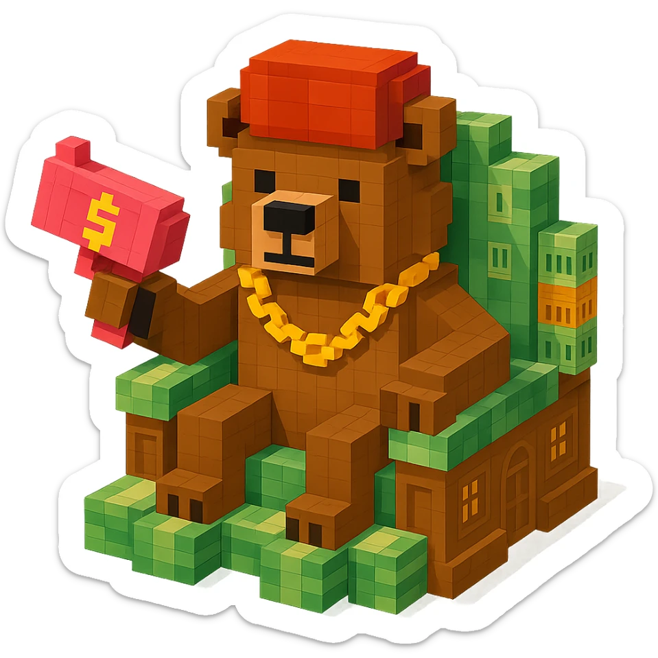Russian grizzly bear with a rapper chain and a money gun, sitting on a throne of cash, in a luxurious mansion sticker