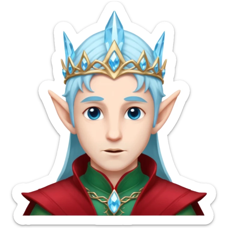 Fantasy elf portrait emoji, icy blue crystal crown with deep red accents, elegant elven features, cold noble winter expression, ice and crimson color palette, minimal clean design, flat readable emoji style, male variant sticker
