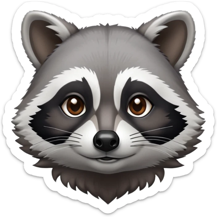 Cinematic-Noble-Raccoon-Portrait-Emoji – Poised and confident, with a sturdy build and a beautifully textured fur of silver-grey accented by dark black facial markings, deep-set, intelligent brown eyes, simplified yet sharp and sophisticated. sticker