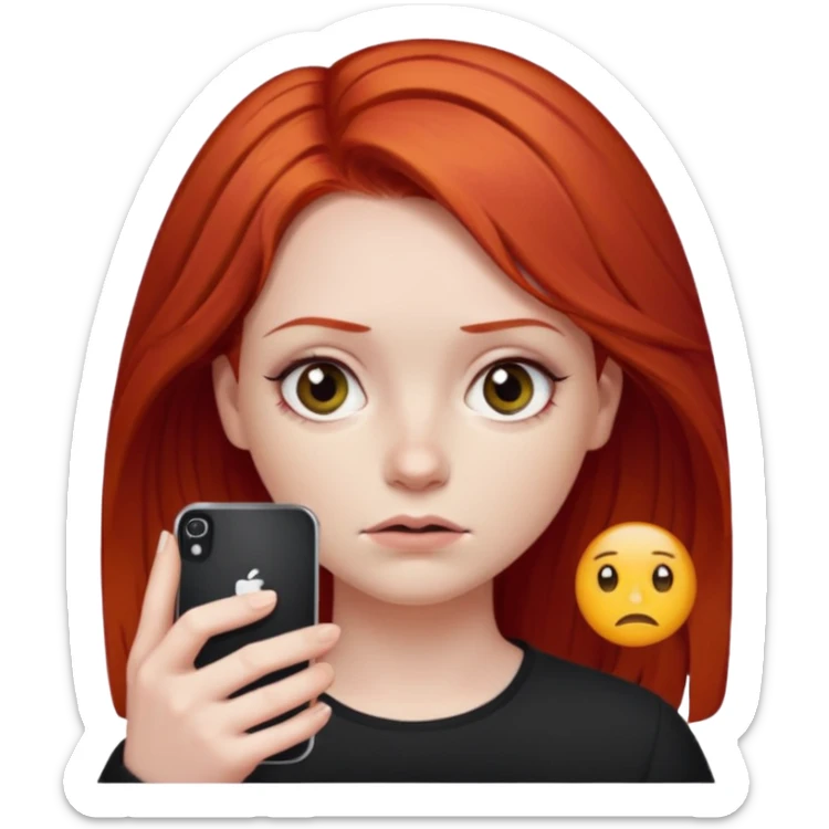 Una chica pelo rojo que está con OJERAS dije que se note y los ojos así 😒color de piel blanca y tiene en su mano un iPhone 16 de 2024 sticker