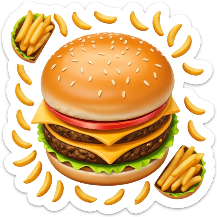 i want a Cheeseburger and Fries with a angle to 15–20° gentle bird’s-eye angle sticker