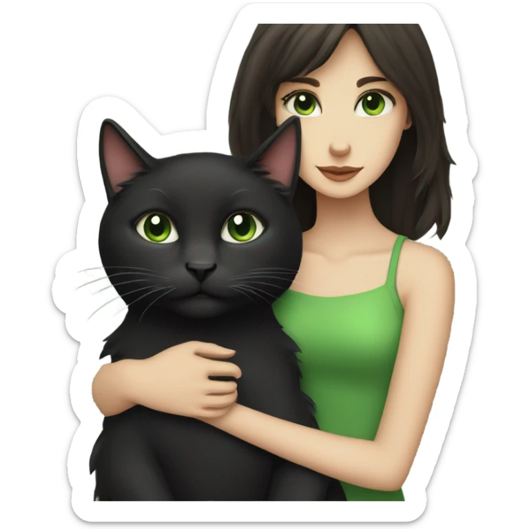 Girl with dark brown hair and fair skin hugging a black medium haired cat with green eyes sticker