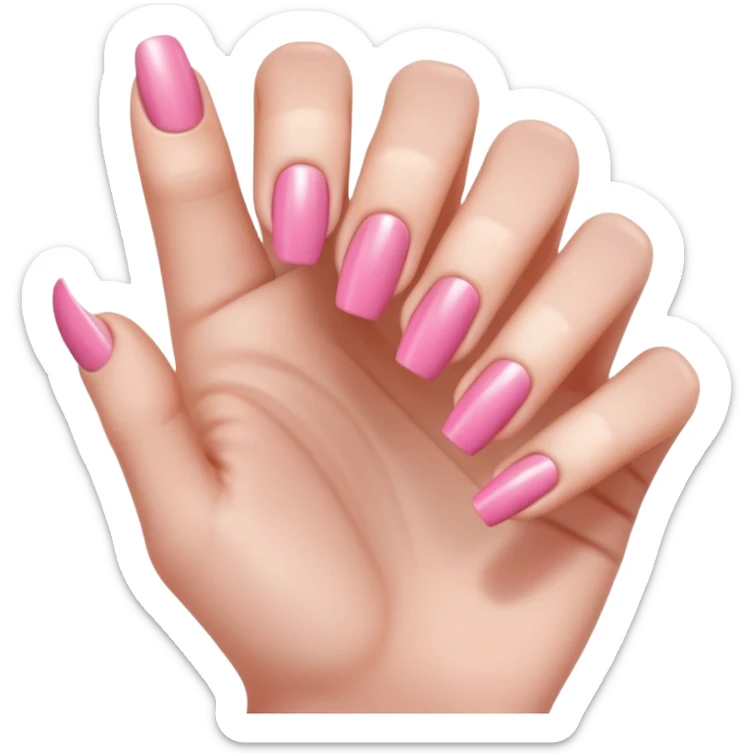  pink close-up of a hand with beautifully manicured nails, glossy pink nail polish, elegant nail shape, soft lighting and shadows, realistic style, sticker