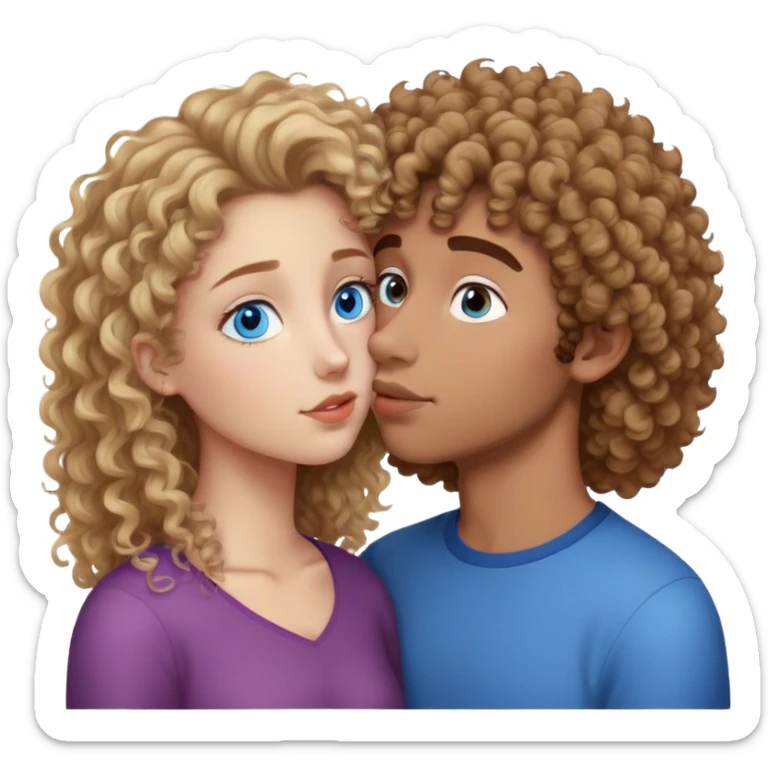 A blond curly girl with blue eyes kissing a a brown-haired, with frizzy hair, mixed-race man with brown eyes. They are teenagers (17 years old) and they love eachother so much  sticker